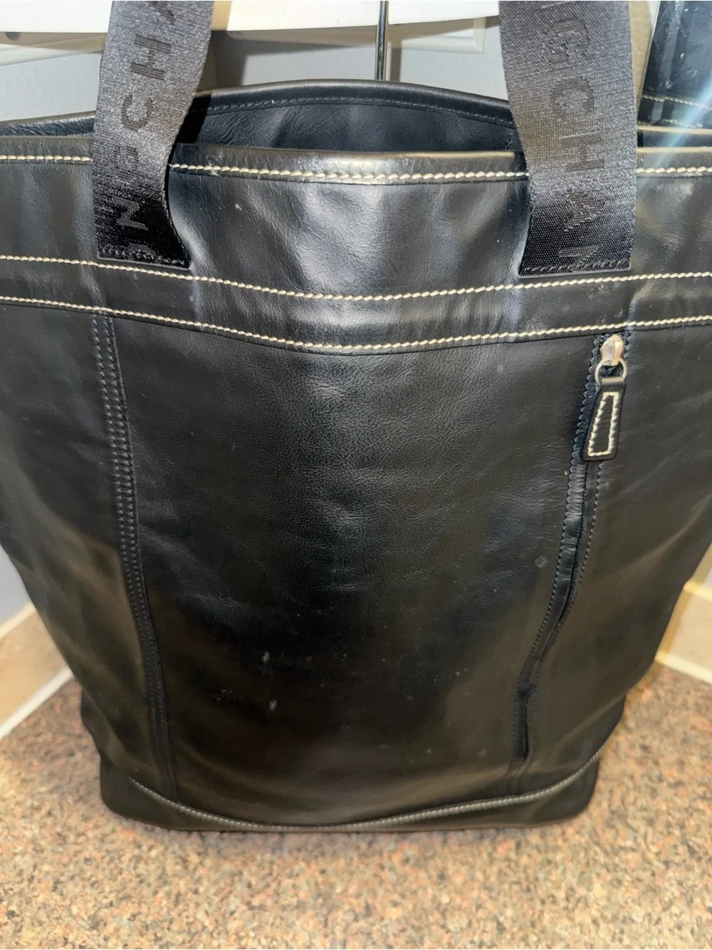 Longchamp Black Leather top handle laptop tote EUC